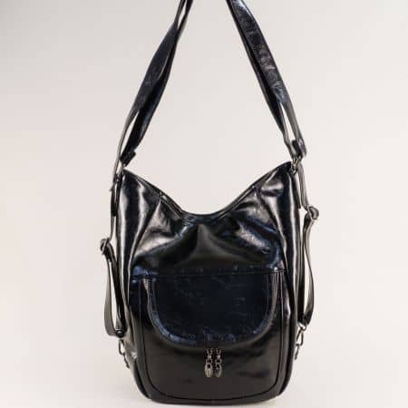Черен лак дамска чанта с преден джоб с капак ch555lch
