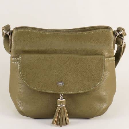 Дамска чанта с дълга дръжка и пискюл в зелен цвят ch5627-2z