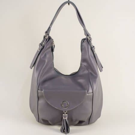 Френска дамска чанта, тип торба с пискюл в сив цвят ch5637-5sv