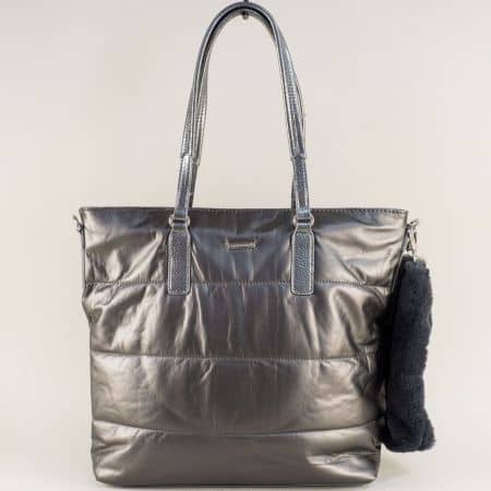 Дамска чанта в сив цвят с пухче- DAVID JONES ch5857-2sv