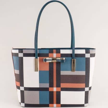 Дамска чанта в бяло, синьо, черно и оранж с две дръжки ch61411s