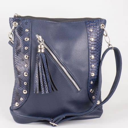 Атрактивна синя дамска чанта с кроко мотив и преден цип ch616ts