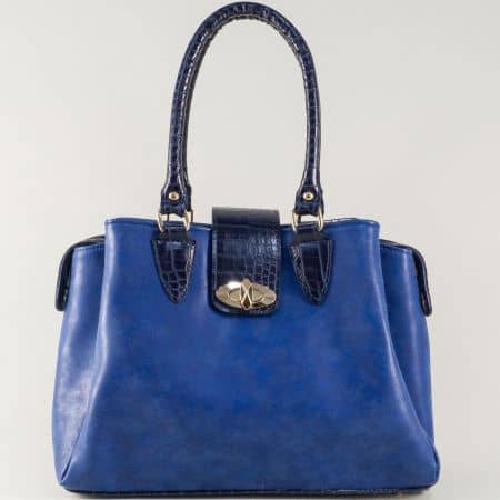 Синя дамска чанта с две къси и допълнителна дълга дръжка ch619s