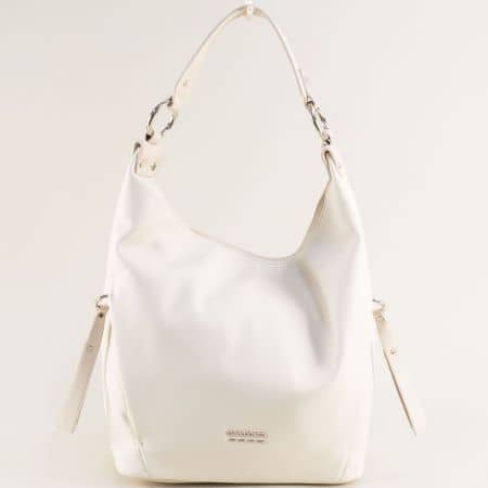 Бяла дамска чанта, тип торба- DAVID JONES с къса и дълга дръжка ch6276-1b
