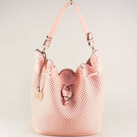 Дамска чанта, тип торба с перфорация в розов цвят ch663553rz