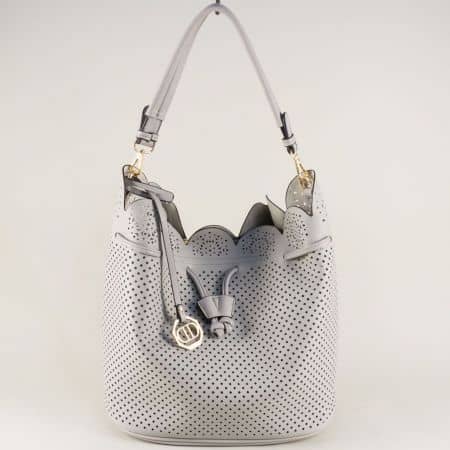 Дамска чанта, тип торба с перфорация в сив цвят ch663553sv