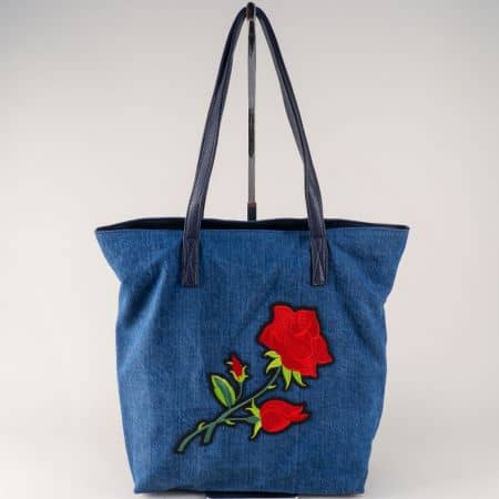 Синя дамска чанта с флорална апликация- БЪЛГАРИЯ ch702roza
