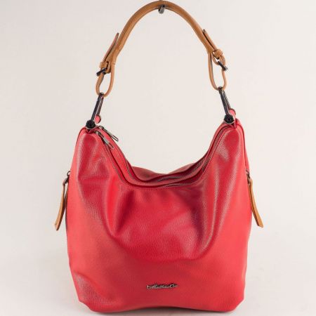 Червена дамска чанта тип торба с къса кафява дръжка ch753chv