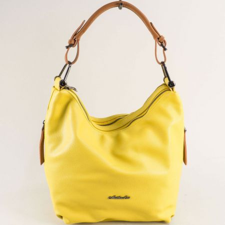 Жълта дамска чанта с кафява къса дръжка ch753j
