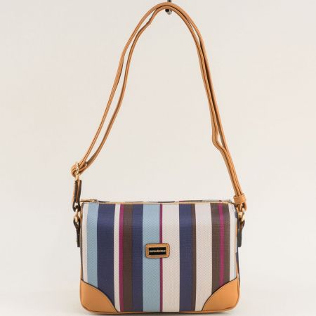 Малка дамска чанта в пъстри цветове и кафява дълга дръжка ch784sps