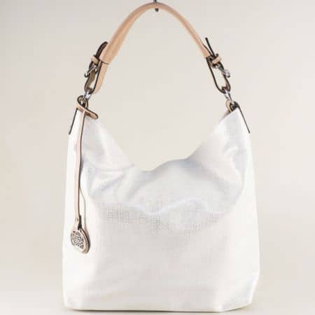 Дамска чанта, тип торба с декорация в бяло ch8035-4b