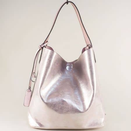 Розова дамска чанта с метален блясък и органайзер ch8035rz