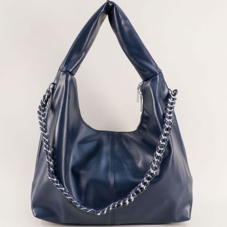 Модерна дамска чанта в син цвят с кожена дръжка ch8822s