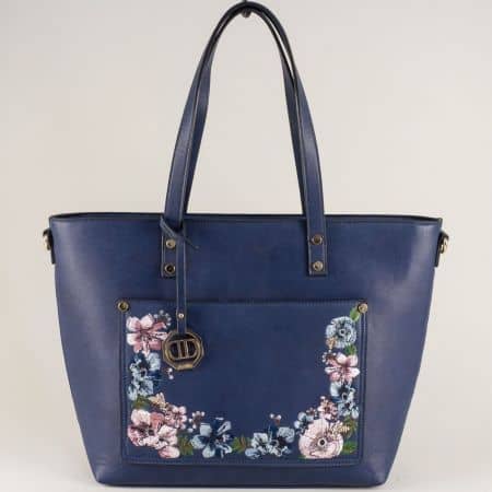 Дамска чанта в син цвят с флорален мотив ch9230-32s