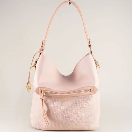 Розова дамска чанта, тип торба с външен джоб с цип ch9835-106rz
