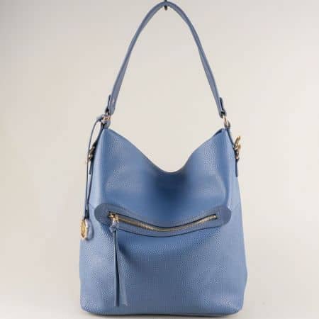 Синя дамска чанта, тип торба с външен джоб с цип ch9835-106s