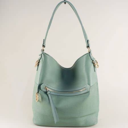 Зелена дамска чанта, тип торба с външен джоб с цип ch9835-106z
