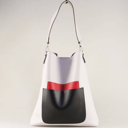 Дамска чанта, тип торба в бяло, червено и черно chspo11b
