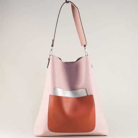 Дамска чанта, тип торба в бяло, кафяво и розово chspo11rz