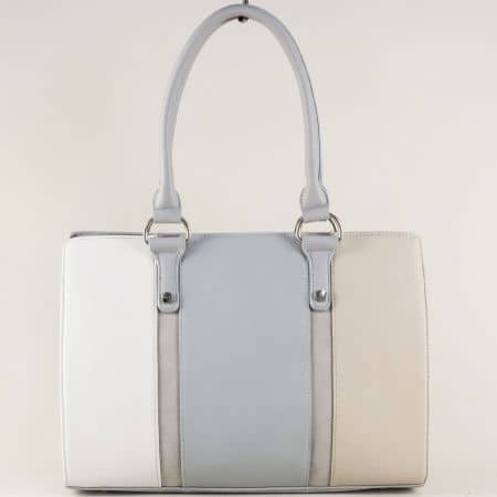 Дамска чанта в бяло, сиво и синьо с твърда структура cm20-6sv