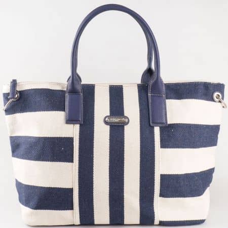 Дамска чанта за всеки ден с практично разпределение на райета на френския производител David Jones в бяло и синьо cm3085s