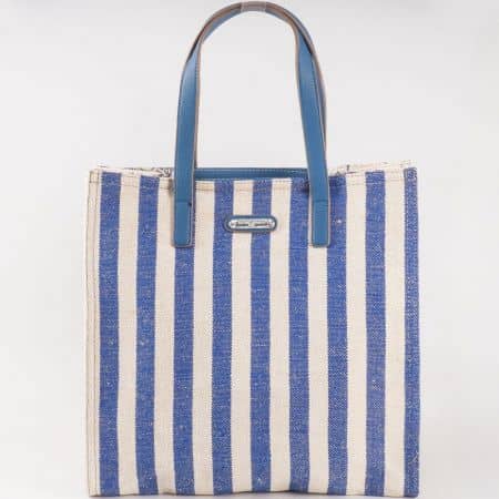 Дамска ленена чанта за всеки ден на райета на френския производител David Jones в син и бежов цвят cm3089s