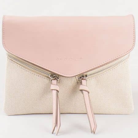 Дамска стилна чанта с младежка визия и дълга дръжка на френския производител David Jones в розов и бежов цвят cm3111rz