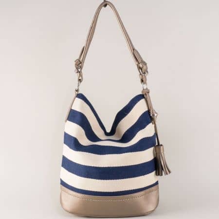 Дамска чанта с пискюл в бяло, златисто и синьо cm3367s