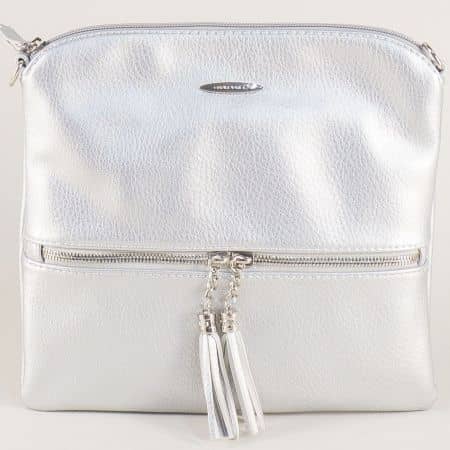 Сребърна дамска чанта с два пискюла- DAVID JONES cm3461sr