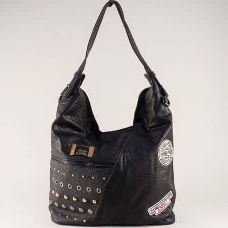 Черна дамска чанта, тип торба с декорация- DAVID JONES cm3627ch