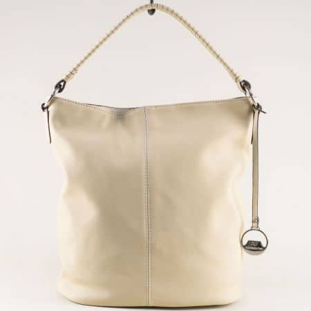 Бежова дамска чанта, тип торба с къса и дълга дръжка cm3714bj