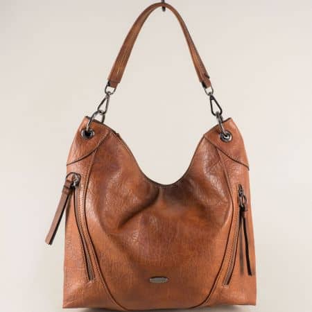 Френска дамска чанта, тип торба в кафяво с декорация cm3968k