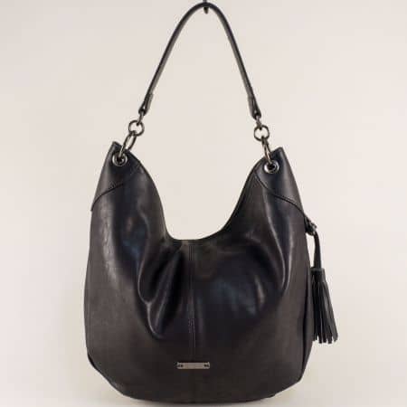 Дамска чанта, тип торба с пискюл в черно- DAVID JONES cm3995ch