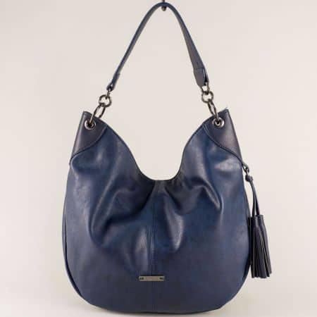 Дамска чанта, тип торба с пискюл в синьо- DAVID JONES cm3995s