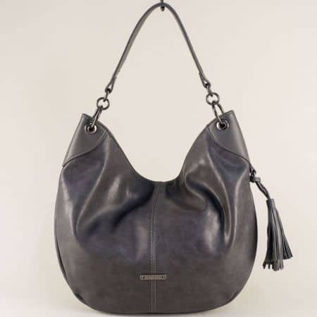 Дамска чанта, тип торба с пискюл в сиво- DAVID JONES cm3995sv