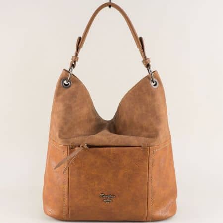 Светло кафява дамска чанта, тип торба- DAVID JONES cm4046k