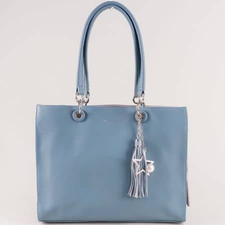 Синя дамска чанта с пискюл и две прегради- DAVID JONES cm5009s