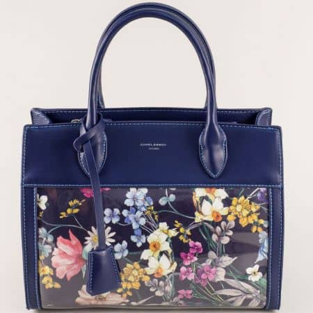 Тъмно синя дамска чанта с частичен флорален принт cm5056ts