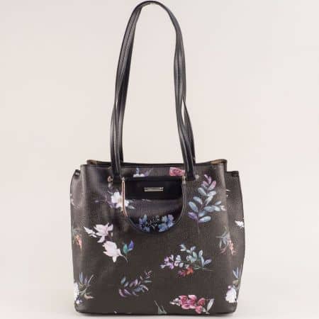 Черна дамска чанта с флорален принт- DAVID JONES cm5176ch