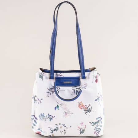 Синя дамска чанта с флорален принт- DAVID JONES cm5176s