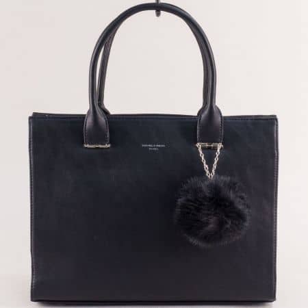 Черна дамска чанта с пухче, дълга и две къси дръжки cm5377ch