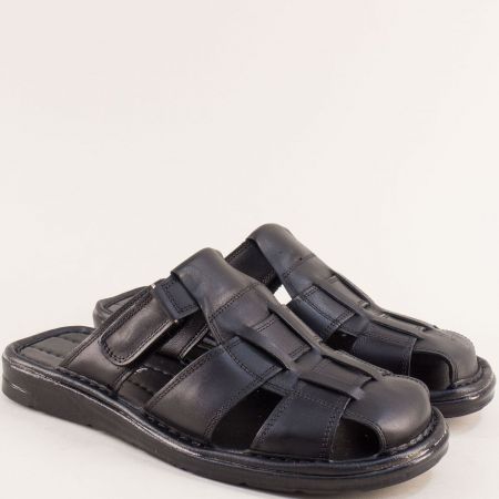 Черни мъжки чехли от естествена кожа с велкро закопчаване e0118ch