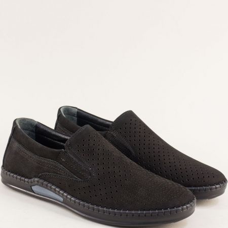 Черни комфортни мъжки обувки на равно ходило от набук e7001nch