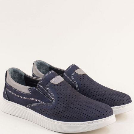 Перфорирани мъжки комфортни сини обувки от набук e7002ns