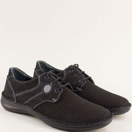 Ежедневни мъжки обувки с връзки естествен набук в черен цвят e7009nch