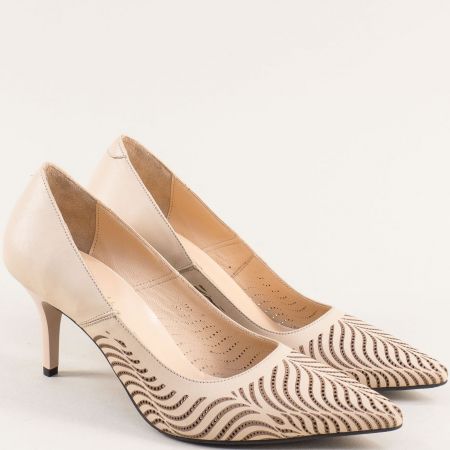 Бежови дамски обувки на висок тънък ток от естествена кожа f2076bj