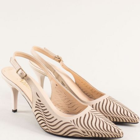 Елегантни дамски обувки на тънък ток естествена кожа в бежово  f2082tbj