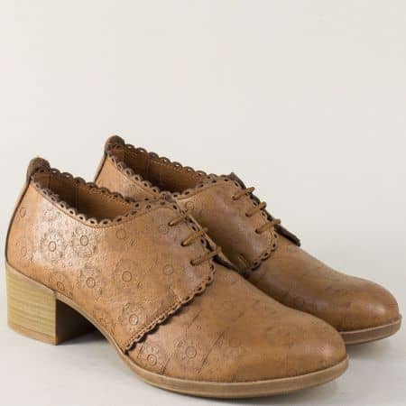 Кафяви дамски обувки на нисък ток от естествена кожа irma21054k