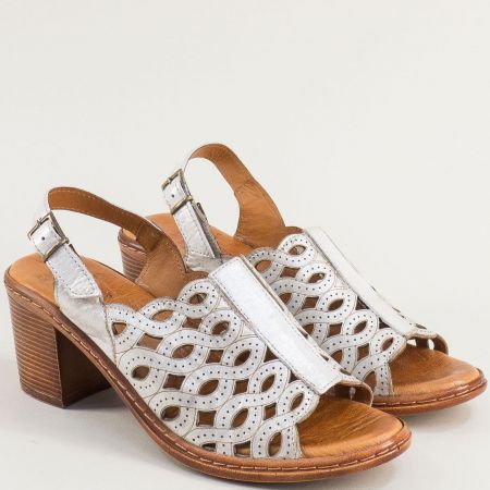 Стилни дамски сребърни сандали на ток естествена кожа k1604sr