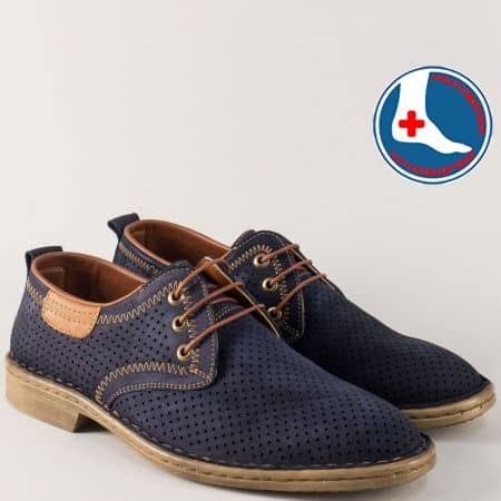 Стилни мъжки обувки от набук в син цвят и анатомична кожена стелка l1936ns